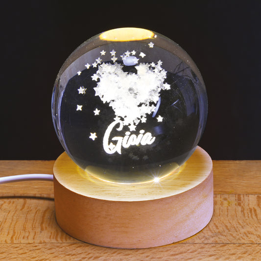 SFERA IN VETRO CON BASE IN LEGNO E LED "GIOIA"